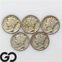 5-coin Lot, Mercury Dimes, 1924, 24D, 24S, 25, 25D