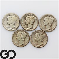 5-coin Lot, Mercury Dimes, 1925S, 26, 26S, 27, 27D