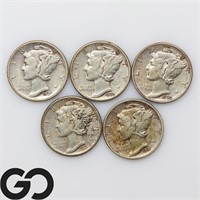 5-coin Lot, Mercury Dimes, 1929S, 30, 30S, 31, 31D