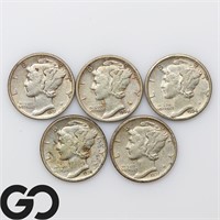 5-coin Lot, Mercury Dimes, 1931S, 34, 34D, 35, 35D