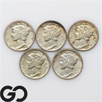 5-coin Lot, Mercury Dimes, 1935S, 36, 37, 37S, 38
