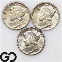 3-coin Lot, Mercury Dimes, 1939, 40, 40D