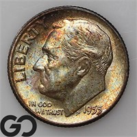 1955 Roosevelt Dime, Colorful, Gem BU+ Bid: 17