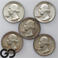 5-coin Lot, Washington Quarters, 90% Silver