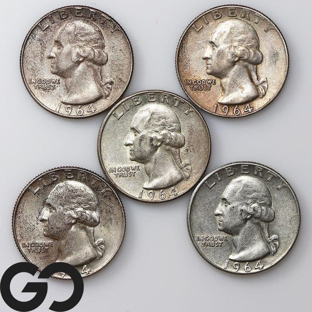 5-coin Lot, Washington Quarters, 90% Silver
