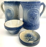 4pc Antique Blue & White Stoneware Pottery
