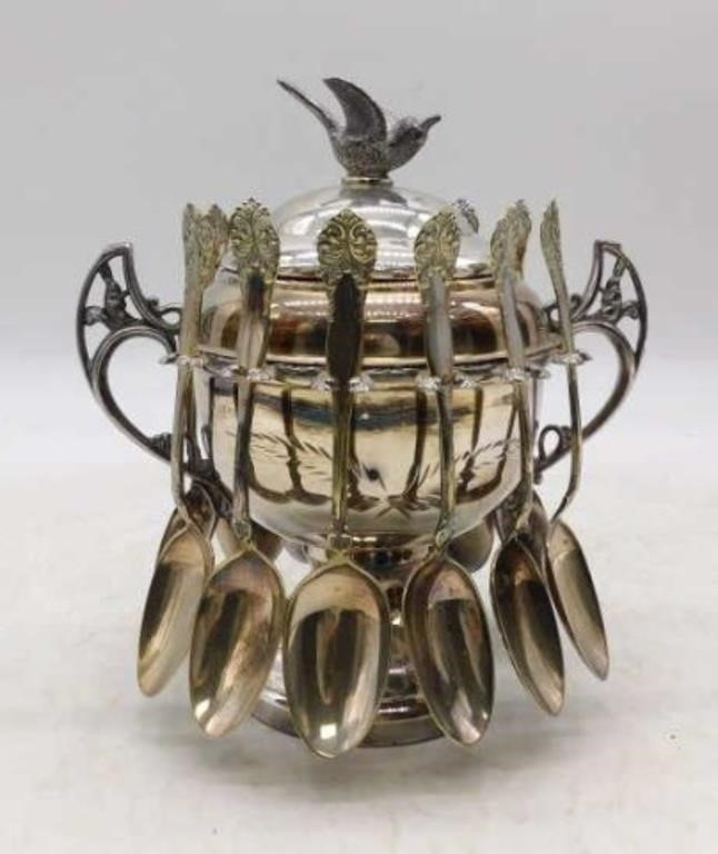 Bird Finial Silver Plate Master Sugar  Set.