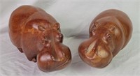 2 Solid Wood Carved Hippos