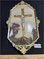 Antique Convex Glass Framed Jesus on the Cross