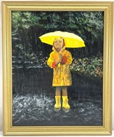 Signed Oil Painting, Child Yellow Raincoat