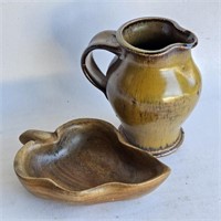 Monkey Pod Leaf Dish & Pottery Pitcher -Rustic