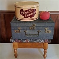 Charlies Cookies Tin, Vintage Suitcase, Footstool