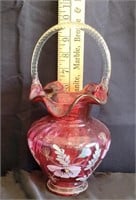Fenton Cranberry Glass Basket Hand Painted