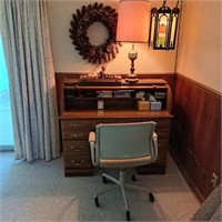 Roll Top Desk, Office Chair, Pinecone Wreath