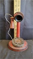 Vtg Red Tin/Wood Toy Candlestick Telephone