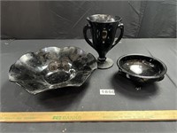 Black Glass Vase, Large Bowl, Footed Bowl