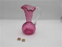 LOVELY CRANBERRY GLASS PITCHER WITH APPLIED HANDLE