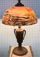 Reverse Painted Sheep Scene Parlor Lamp