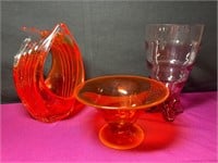 Pink Bottle Style Footed Vase, Orange Art Glass +