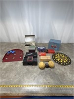 Vintage games, metal junior safe, dominoes, card