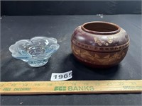 Vintage Wood Bowl, Glass Votive