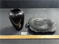 Black Amethyst Glass Platter & Vase