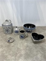Rowe Pottery works stoneware shoulder jug, mugs,