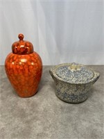 Orange colored vase with lid and RRP Co pottery