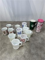 Assortment of coffee mugs, milk glass mugs,