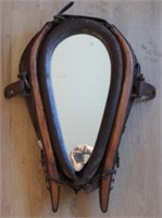 LARGE OXEN YOKE MIRROR W IRON AND LEATHER