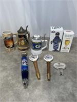 Beer steins, bar beer tap handles, and novelty
