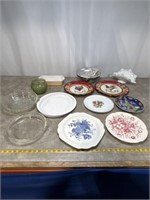Assortment of plates, milk glass folding dish,