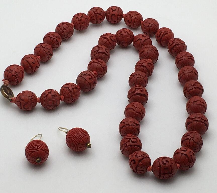 Chinese Cinnabar Necklace & Earrings