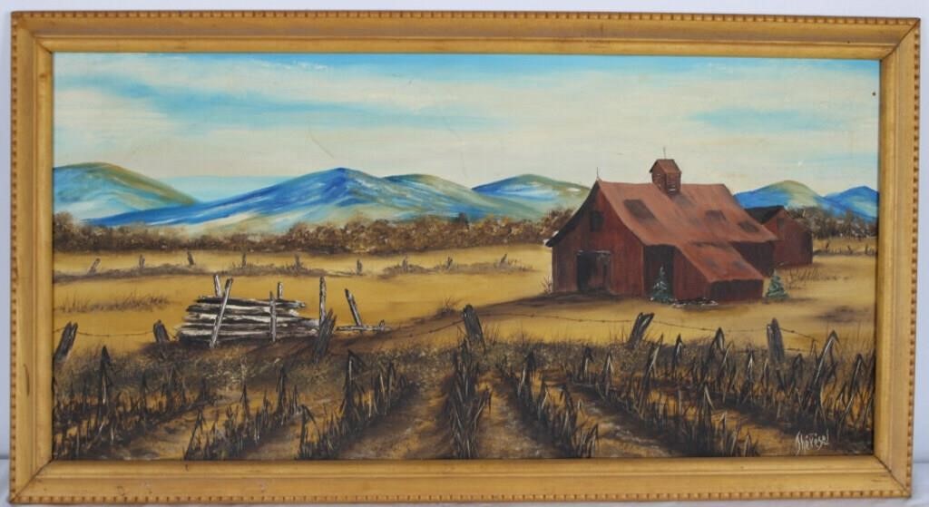 SIGNED THERESEL ACRYLIC MOUNTAIN FARM SCENE