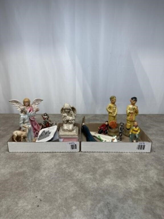 Religious figurines, pin, Avon aftershave, and