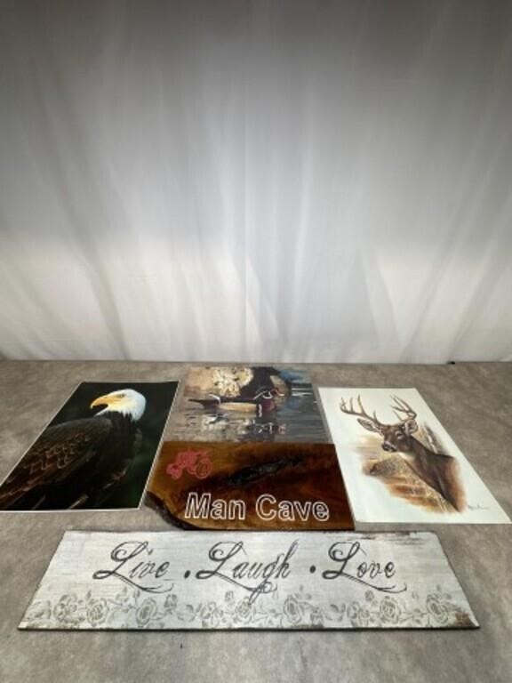 Live Laugh Love sign, Man Cave sign, and wildlife