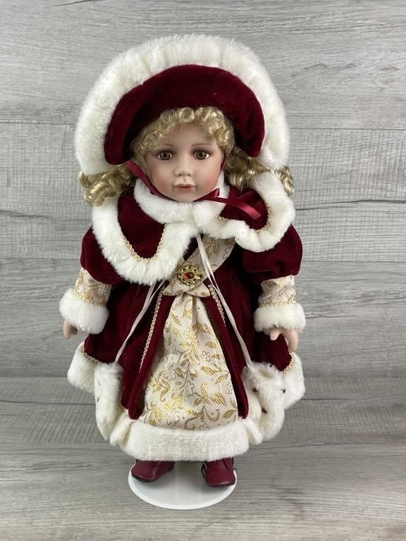 BEAUTIFUL PORCELAIN DOLL & STAND WINTER CHRISTMAS
