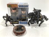 (4) Batman Figurines & Wooden Mirror Pedestal