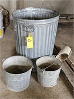 2 galvanized buckets and trash can