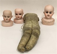 Group Of 3 China Heads And 2 Leather Doll Bodies