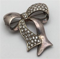 Sterling Silver Clear Stone Bow Broach
