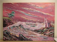 LARGE HARRY CABLE ORIGINAL OIL ON BOARD LIGHTHOUSE