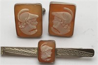 Silver 800 Cameo Cuff Links & Clip