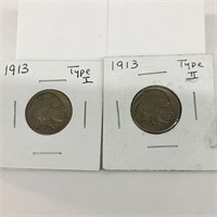 1913 Type 1 And 2 Buffalo Nickels