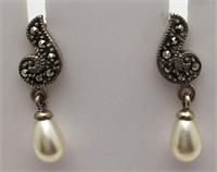 Sterling Earrings W Marcasite & Faux Pearl