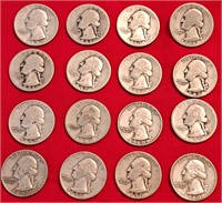 16 SILVER US QUARTERS 1936-1960 US COINS