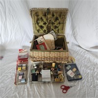 wicker sewing basket in contents