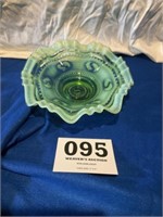 Green opalescent glass fluted dish