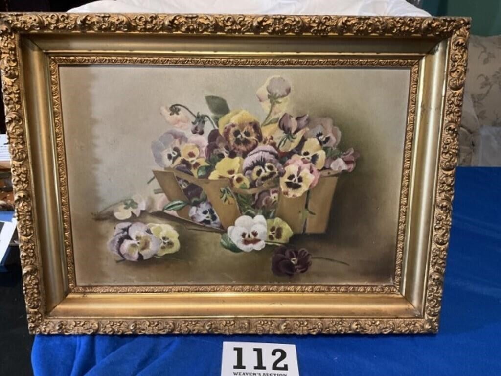 Oil on board pansies painting with gold frame