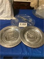 2 Pewter collector plates
And glass platter,